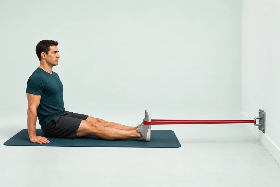 Seated person with straight legs and supported heels, a forefoot band secured to a fixed wall anchor.