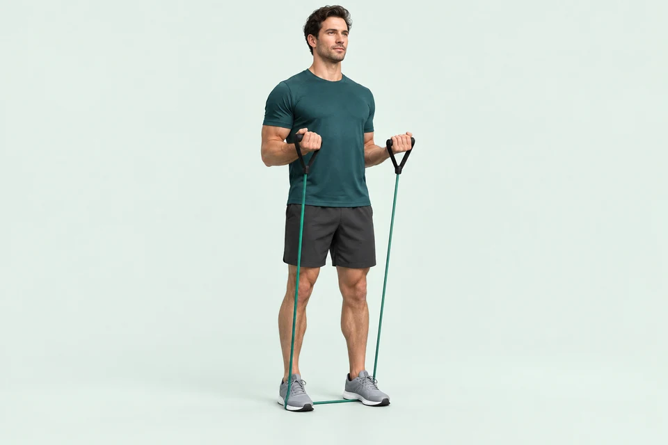 Standing biceps curl with band securely under both feet, palms up and elbows close to the torso.