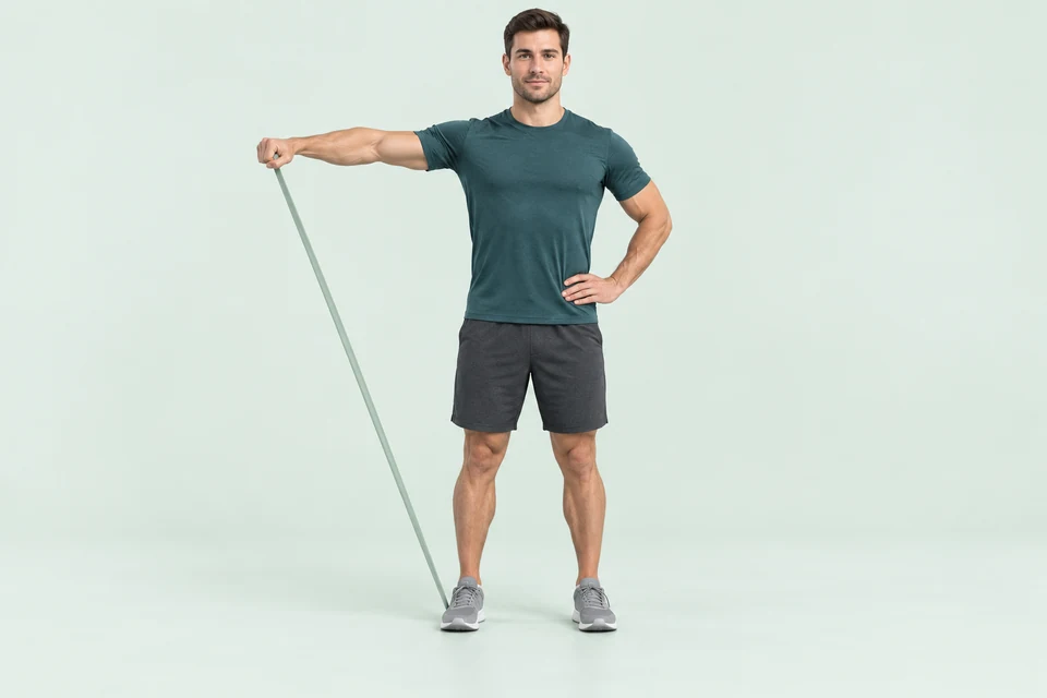 Single-arm lateral raise with a continuous band anchored under the same-side foot.
