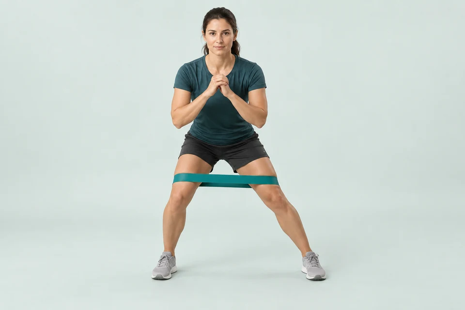 Shallow squat during a sideways step with a loop band around both thighs just above the knees.