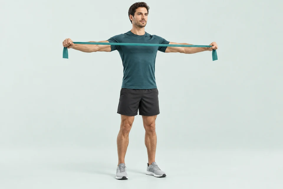 Standing band pull-apart with nearly straight arms spread sideways and the band stretched in front of the upper chest.