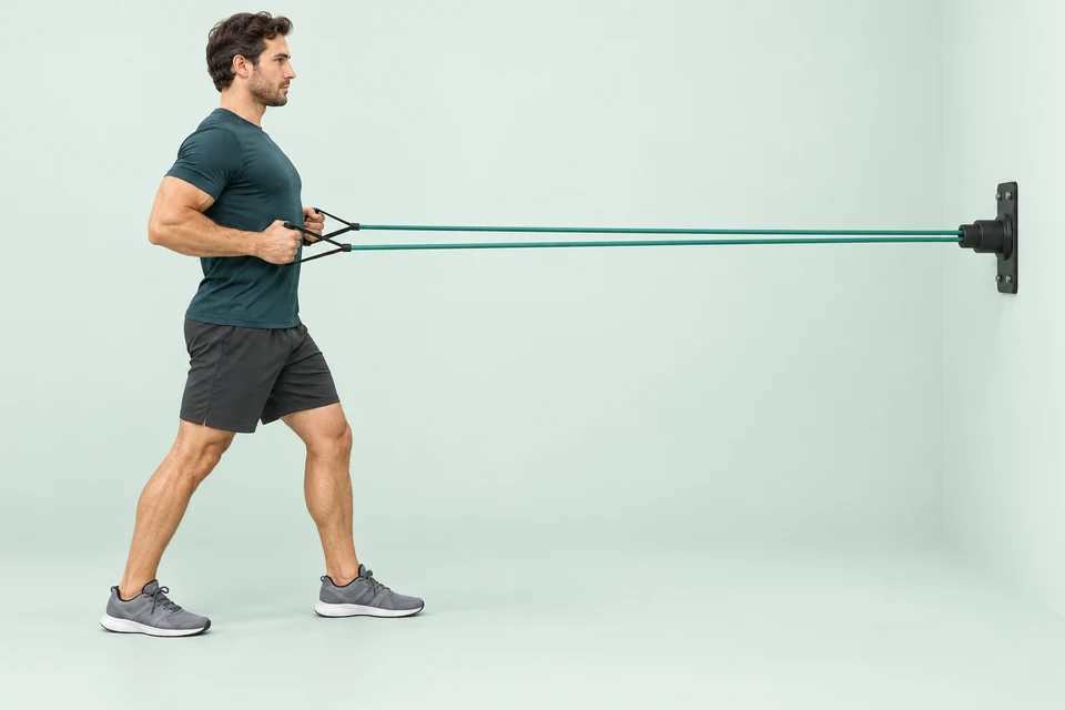 Standing band row with a secure chest-height anchor, elbows drawn back and handles near the lower ribs.