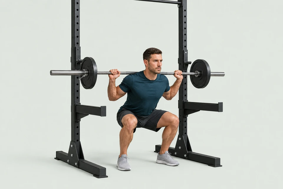 Controlled barbell squat inside a rack, with the bar on the upper back, heels planted and knees following the toes.