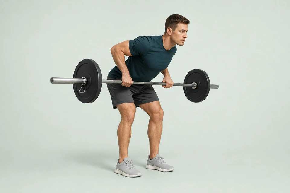 Bent-over barbell row with bent elbows, a neutral back and the bar near the abdomen.