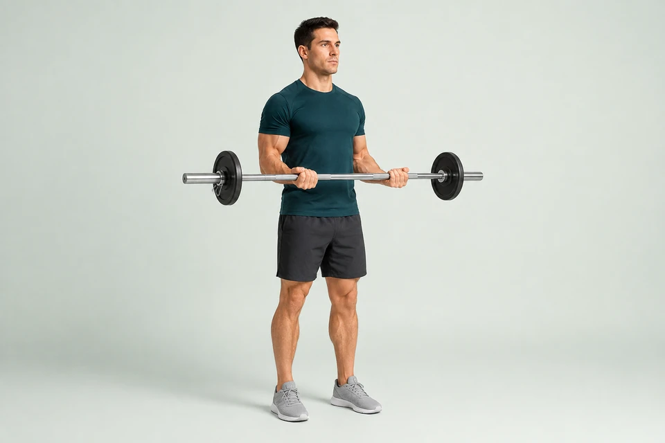 Standing barbell curl with an underhand grip, elbows beside the ribs and forearms raised in front of the body.