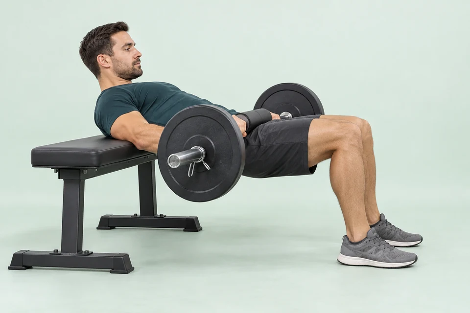 Hip thrust with padded barbell, upper back on a low bench and feet planted.