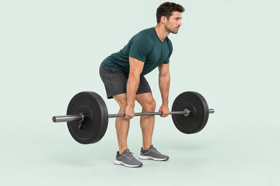 Romanian deadlift with softly bent knees, hips back, neutral spine and bar close below the knees.