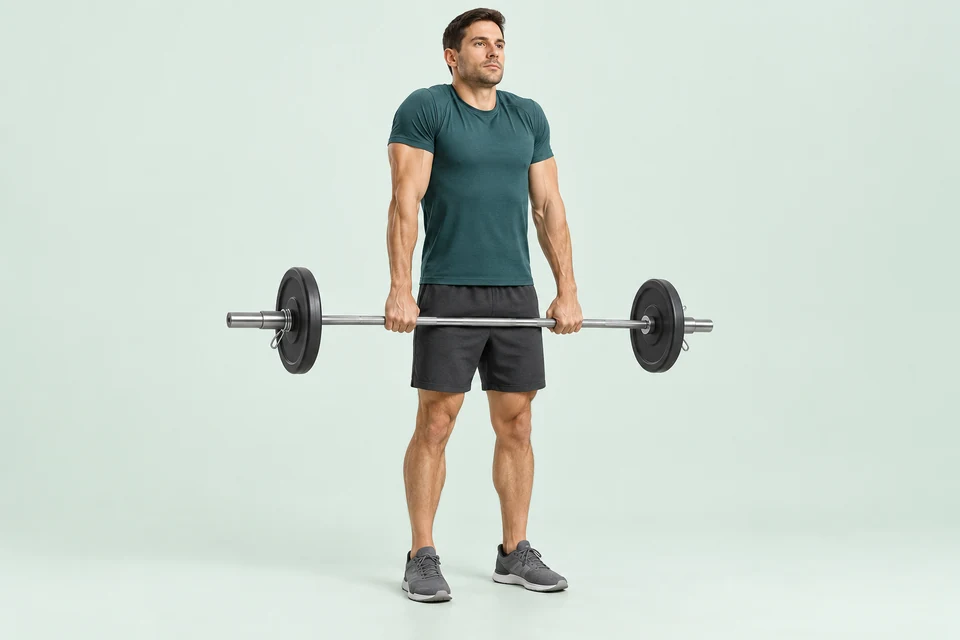 Standing shrug with a barbell at thigh level, straight arms and raised shoulders.