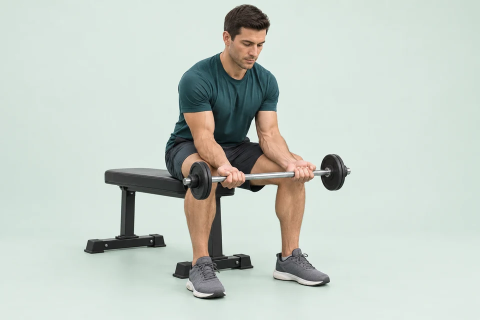 Seated wrist curl with supported forearms and palms up holding a light short barbell.