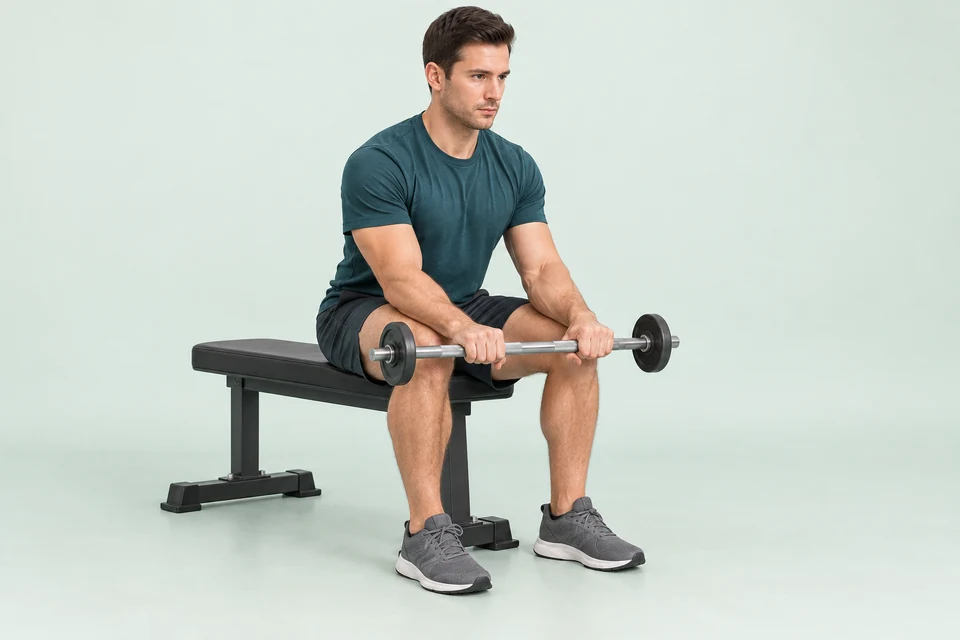Seated reverse wrist curl with supported forearms and palms down holding a light short barbell.