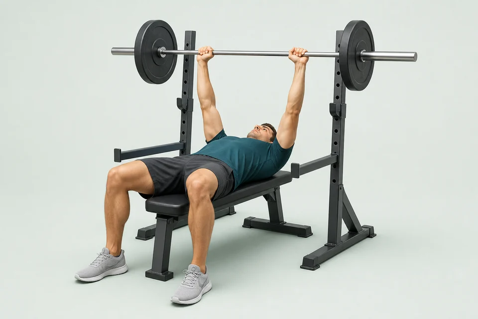 Illustration of a barbell bench press in the raised position.
