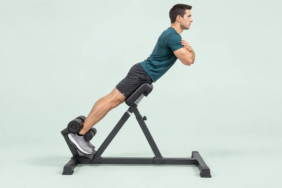 Back extension on a 45-degree bench with thighs supported, ankles secured and straight torso.