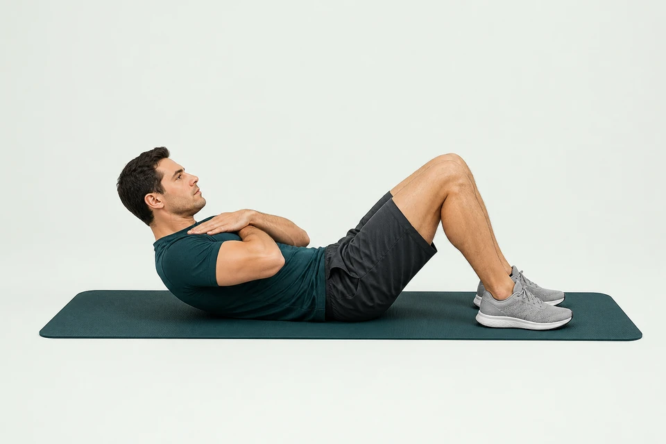 Crunch with arms crossed over the chest, bent knees and feet planted on a mat.