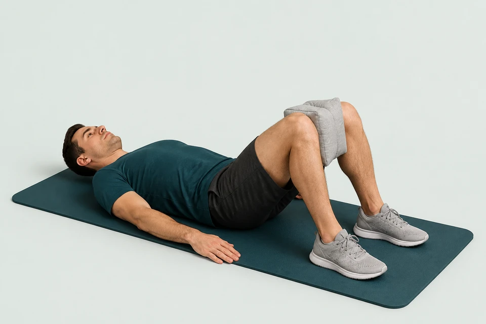 Supine adductor squeeze with bent knees, feet flat and a small cushion between the knees; hips remain on the mat.