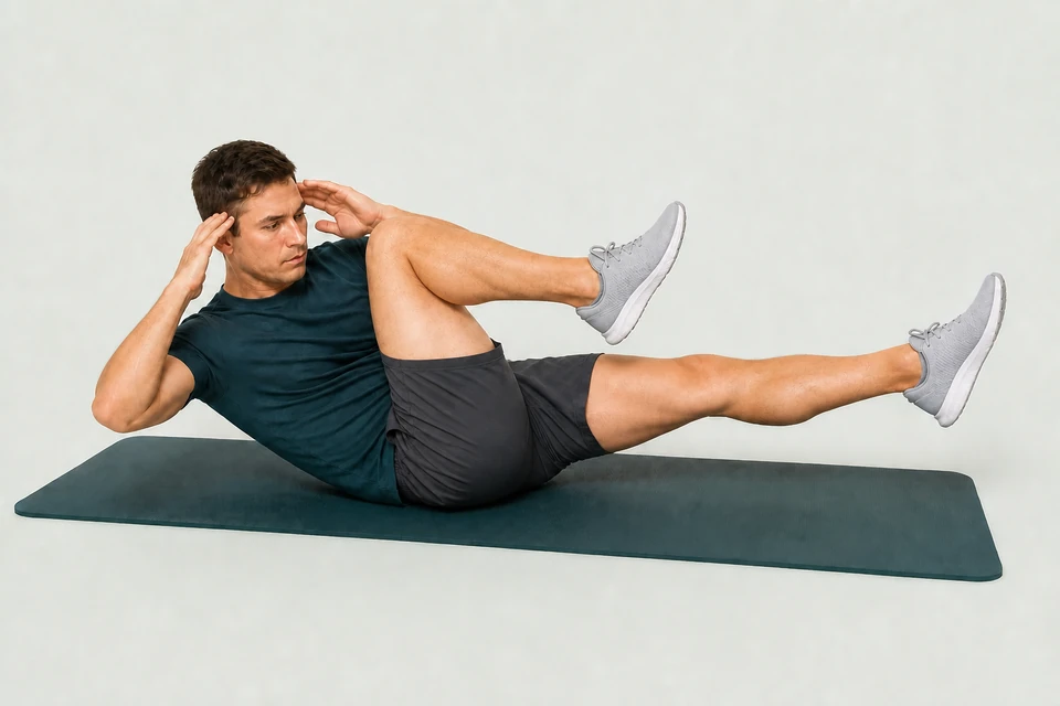 Bicycle crunch with one knee drawn in, the other leg extended and the opposite shoulder turning toward the bent knee.