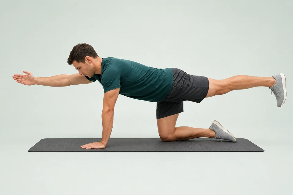 Bird dog with one arm and the opposite leg extended, supported on the other hand and knee, with a level back.