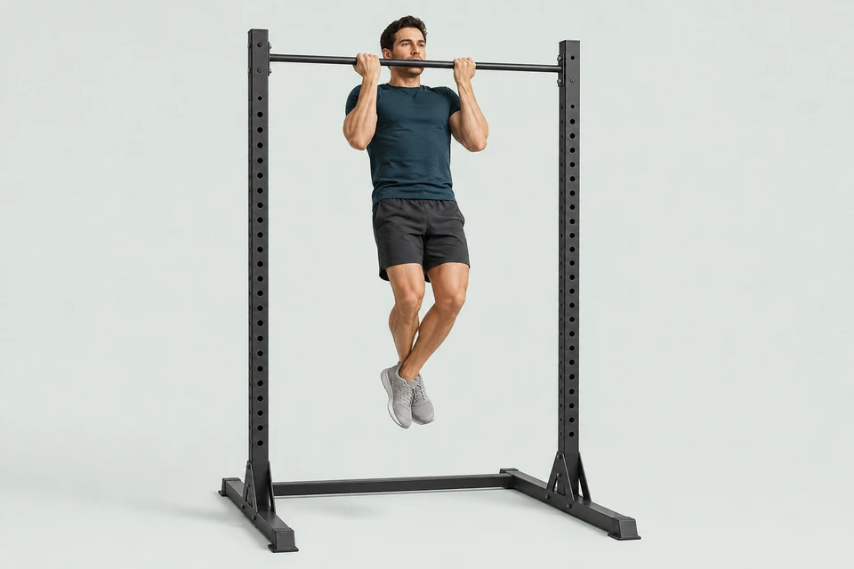 Chin-up with a shoulder-width underhand grip, bent elbows and feet clear of the floor.