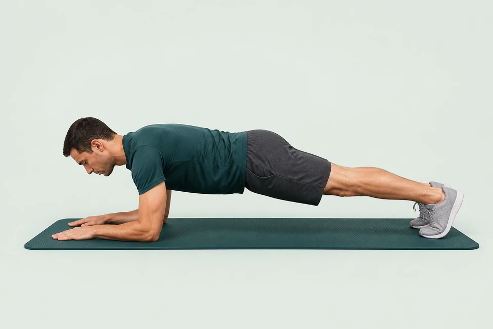 Forearm plank with elbows under the shoulders and the head, torso and legs aligned.