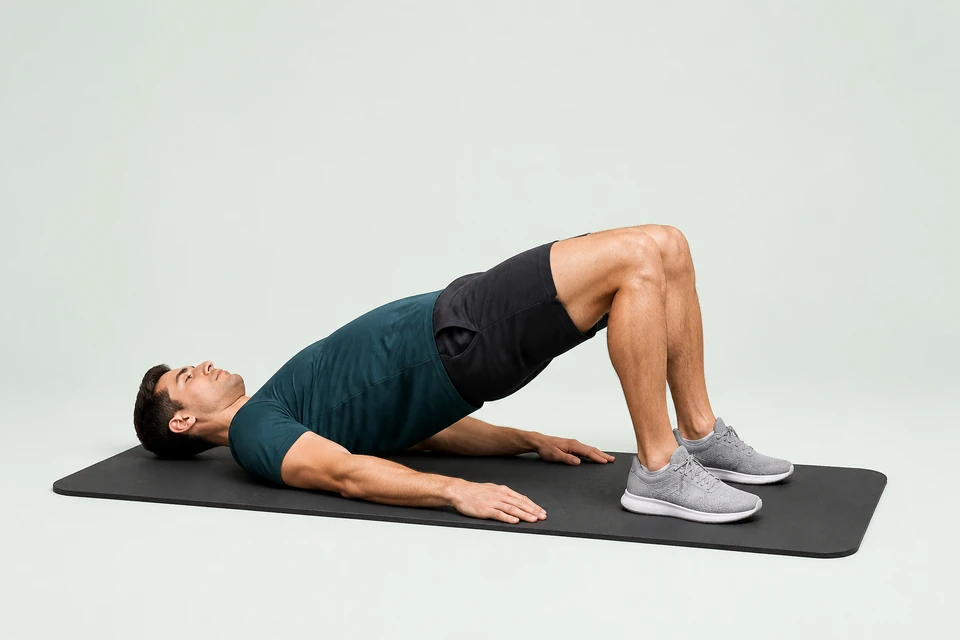 Bodyweight glute bridge with shoulders and feet on the floor and hips raised into a straight line.