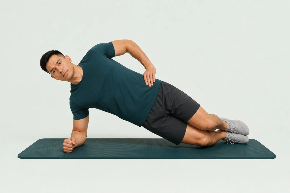 Knee-supported side plank with the hips lifted, lower elbow beneath the shoulder and upper hand on the hip.