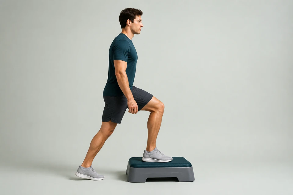 Start of a step-up with one whole foot on a low platform and the other foot still on the floor behind it.
