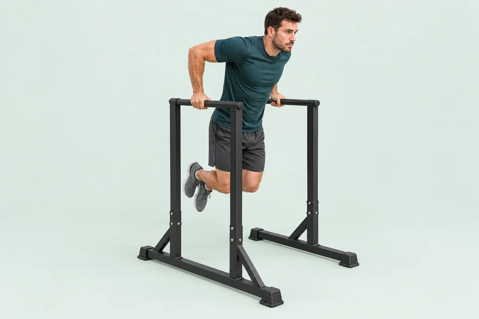 Athlete performing a dip between stable parallel bars with feet off the floor.