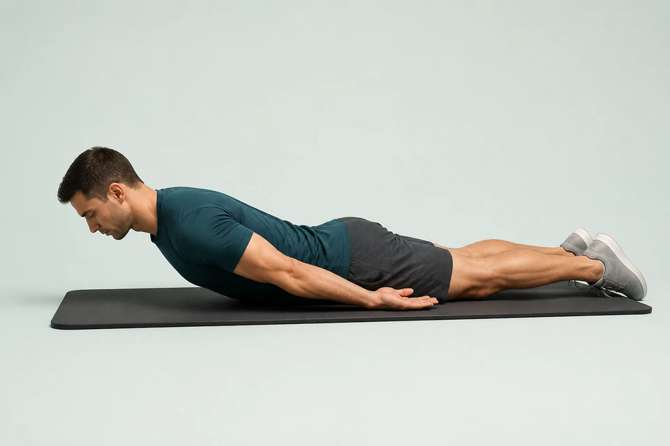 Small prone back extension with arms alongside the body and the pelvis and legs resting on the mat.