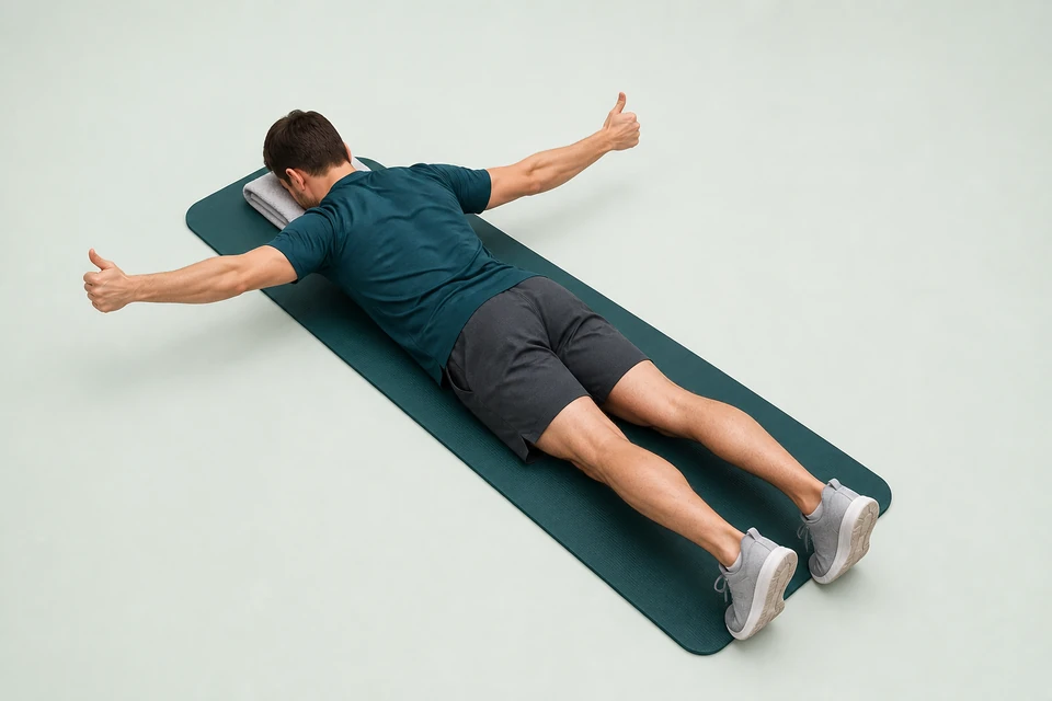 Person lying face down with forehead supported on a towel and straight arms slightly raised sideways in a T.