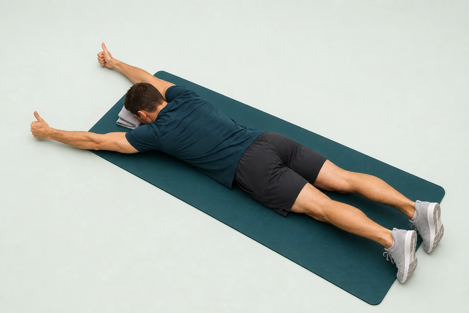 Person lying face down with forehead supported and nearly straight arms slightly lifted forward in a wide Y, thumbs up.