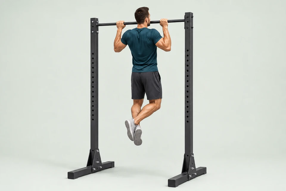 Overhand pull-up with the chin above a fixed bar and feet off the floor.