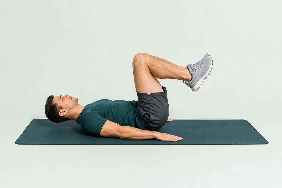 Reverse crunch with bent knees, a small pelvic curl and head and shoulders resting on the mat.