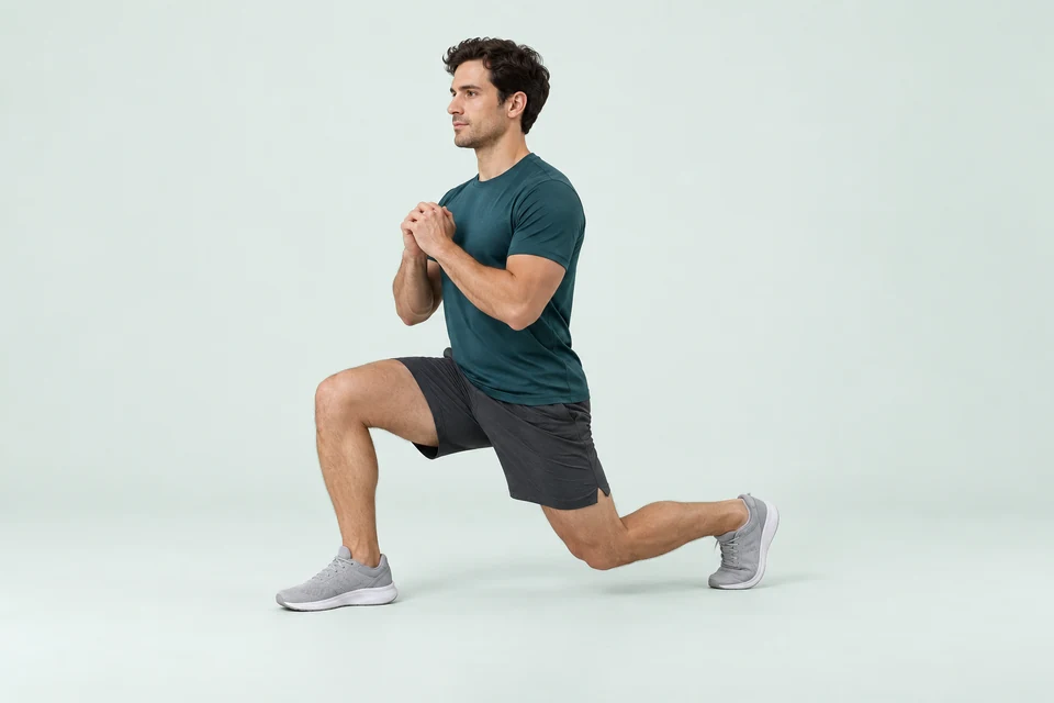 Reverse lunge with one leg stepped back, front foot flat and the rear knee lowered.