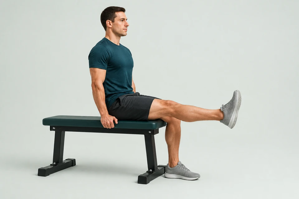 Upright person on a flat bench with one knee straightened forward, thigh supported and the other foot on the floor.