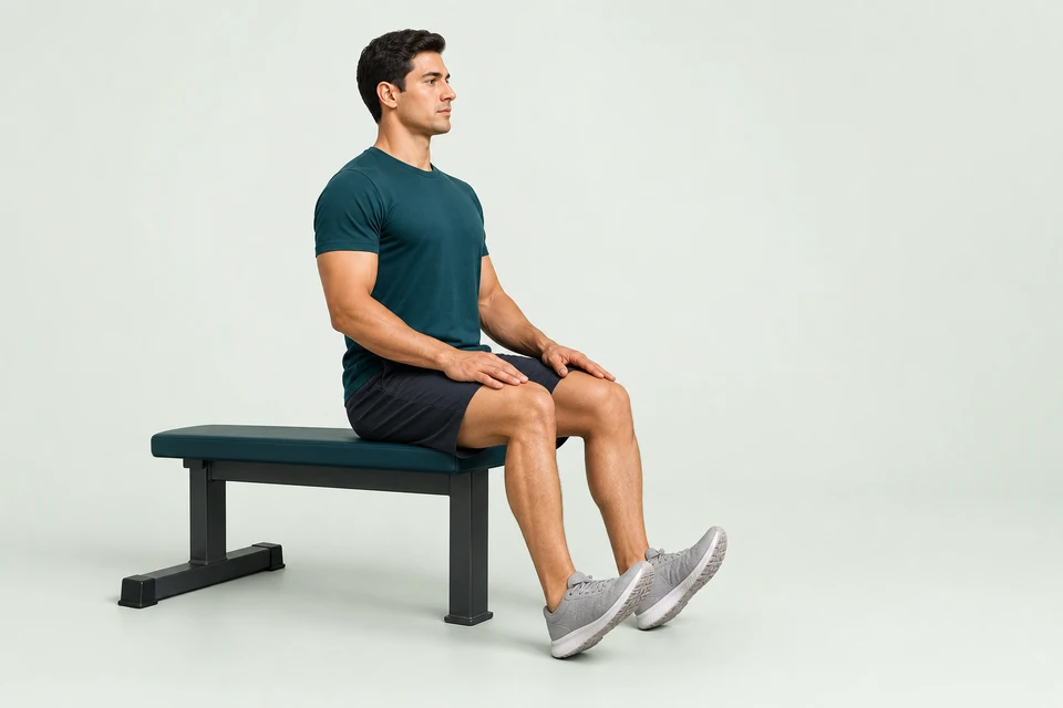 Seated person with knees bent, both heels on the floor and the forefeet lifted toward the shins.