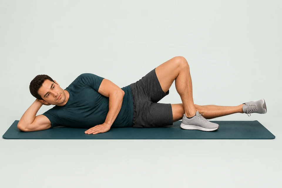 Person lying on their side with the lower leg straight and slightly lifted, and the bent upper leg planted in front.