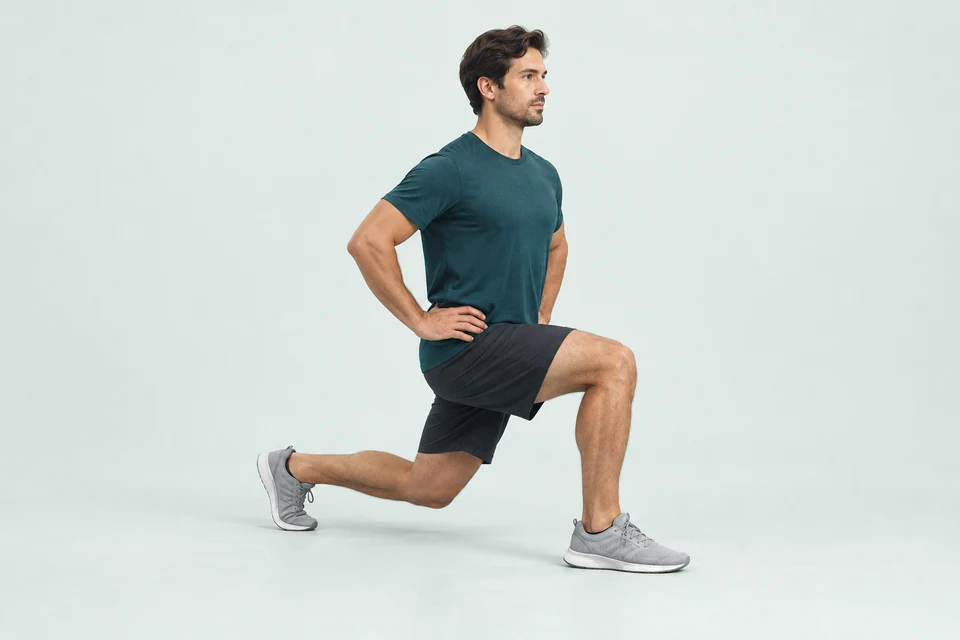 Split squat with the front foot flat, rear heel lifted and rear knee close to the floor.