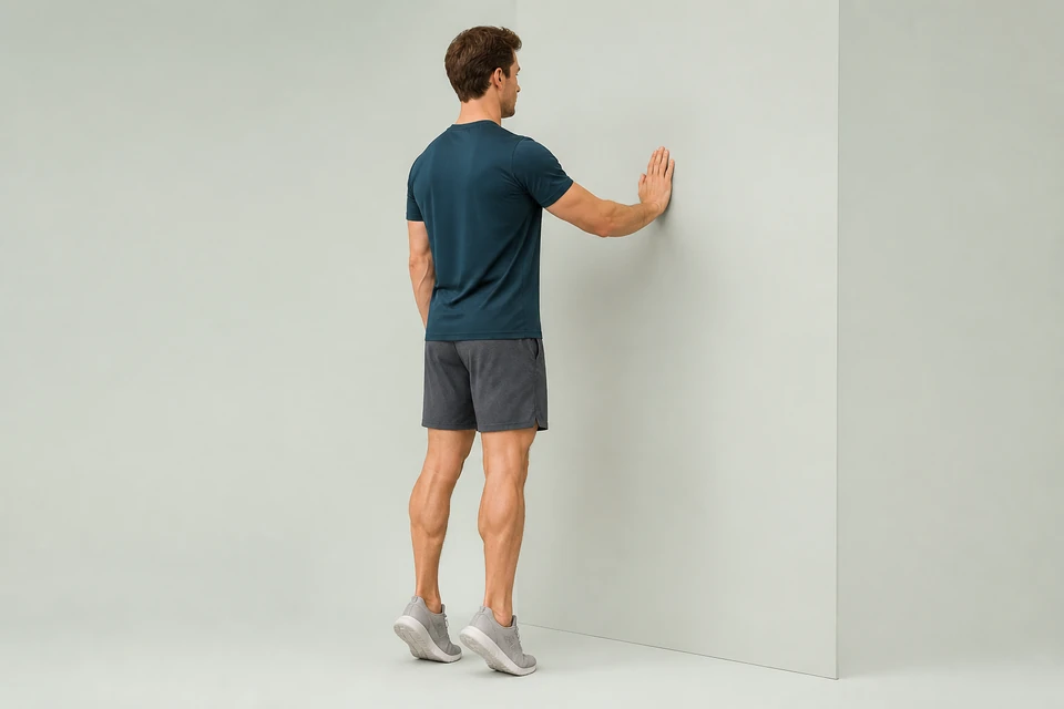 Standing bodyweight calf raise at the top position with both heels lifted and one hand lightly supported on a wall.