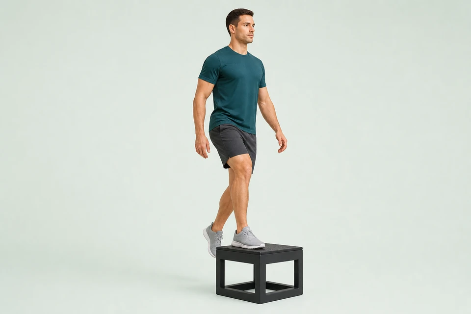 Bodyweight step-up with the full working foot on a low box and the trailing foot lifted.