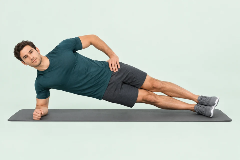 Forearm side plank with straight stacked legs, elbow below the shoulder and lifted aligned hips.