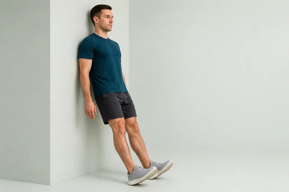 Person leaning back against a wall with nearly straight legs, both heels planted and forefeet raised.