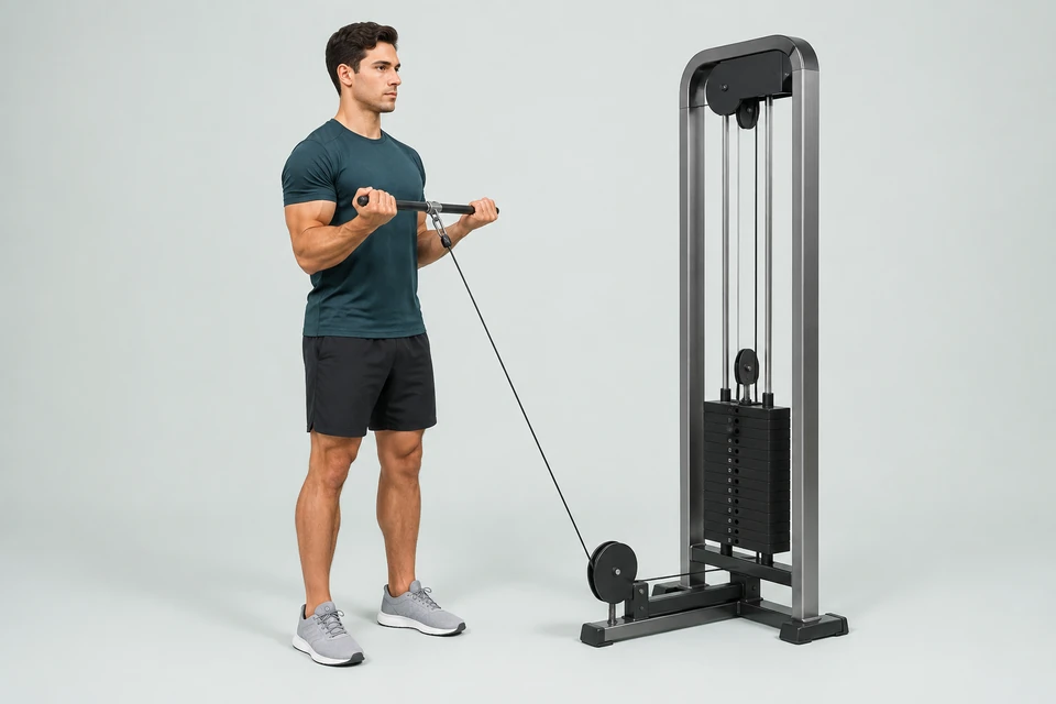 Standing cable curl with palms up and a taut cable connecting the short bar to a low pulley.