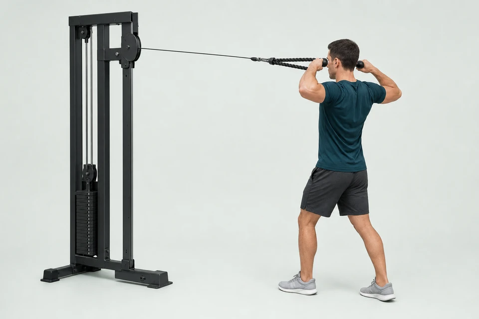 Standing face pull with a cable at face height, separated rope ends beside the temples and elbows pointing outward.