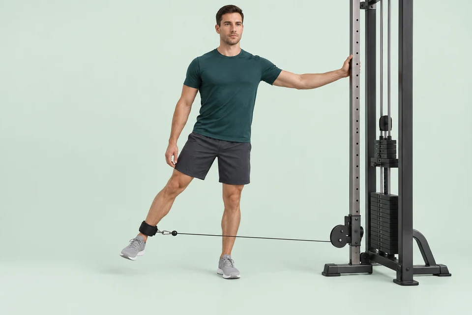 Standing cable hip abduction with a low pulley, ankle cuff and supported upright torso.