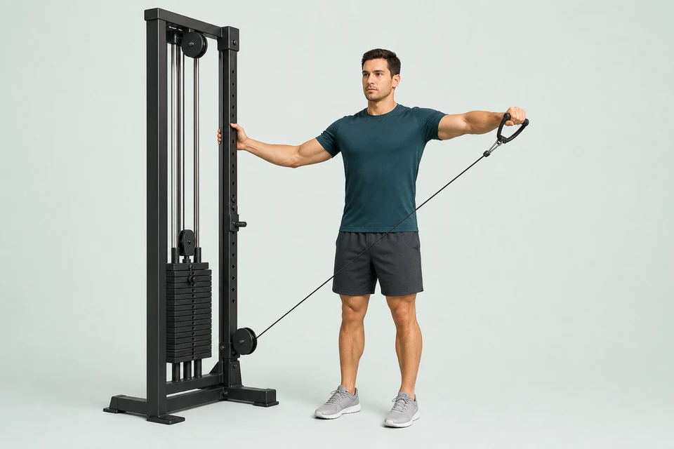 Single-arm lateral raise beside a cable tower with a low pulley and the working arm at shoulder height.