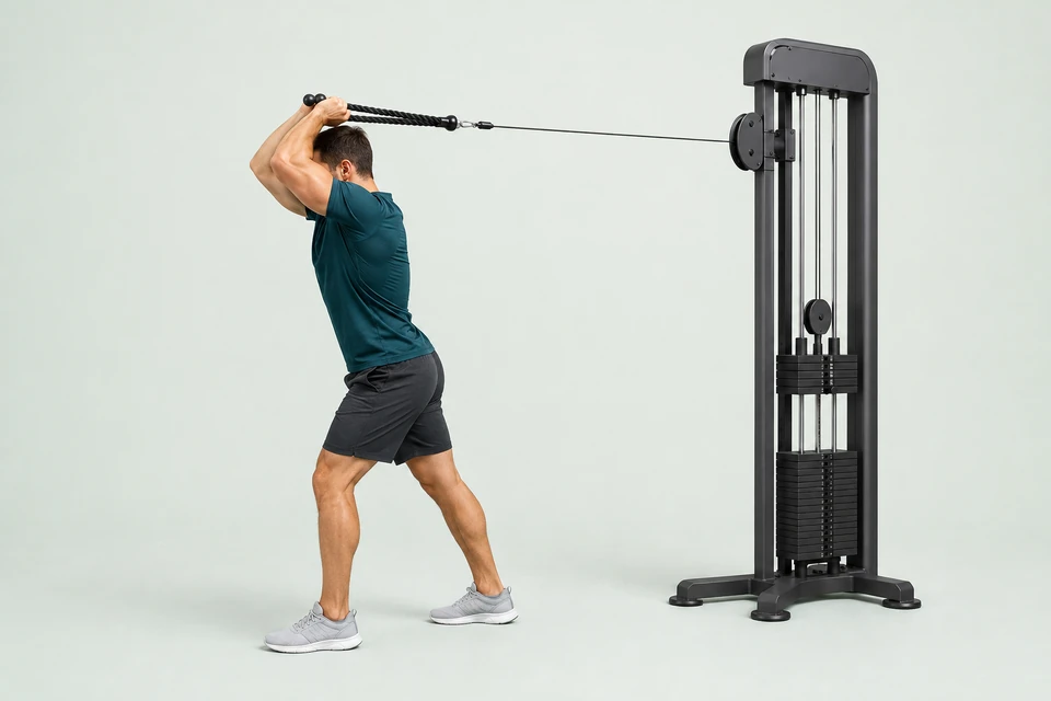 Overhead triceps extension facing away from the machine, with bent elbows and rope connected to a pulley behind the head.