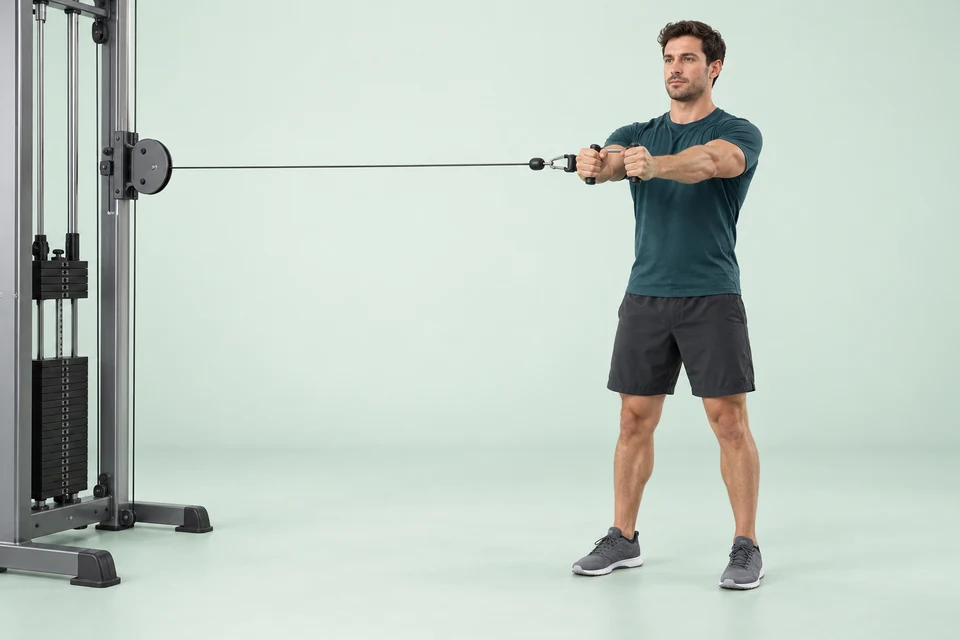Standing Pallof press with a lateral chest-height cable and both hands extended in front of the torso.