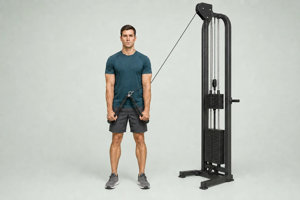 Rope pushdown with hands beside the upper thighs, elbows nearly straight and cable leading to a high pulley.