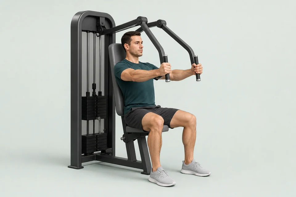Illustration of a seated chest press with hands pressing forward.