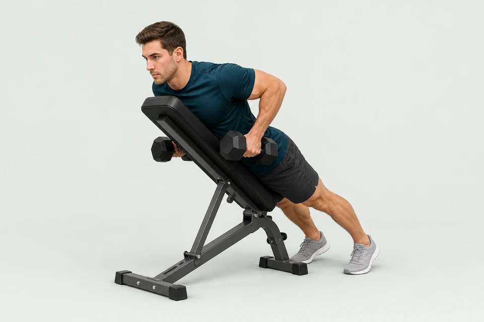 Dumbbell row with the chest supported on an incline bench and elbows beside the torso.