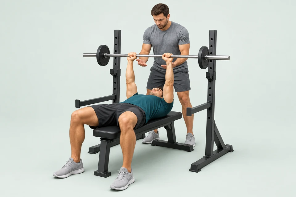 Close-grip bench press with a shoulder-width grip, supported head and feet, and a spotter ready behind the bench.